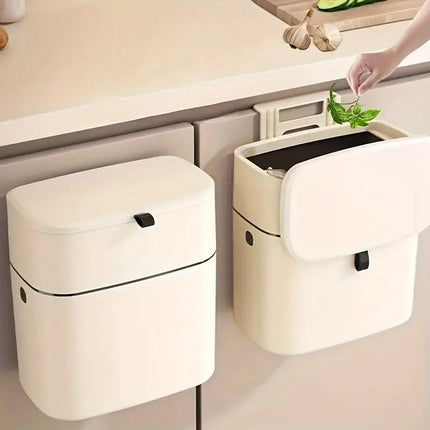 Wall Mounted Hanging Waste Bin with Lid Household Cabinet Trash Can Cream White