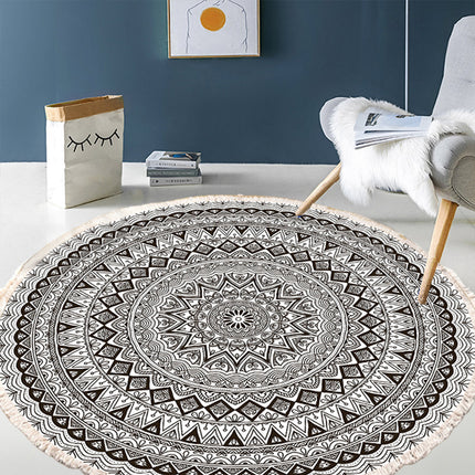 Round Carpet Cotton Linen Floor Mat Printed Anti Slip Rug Fringe Blanket Living