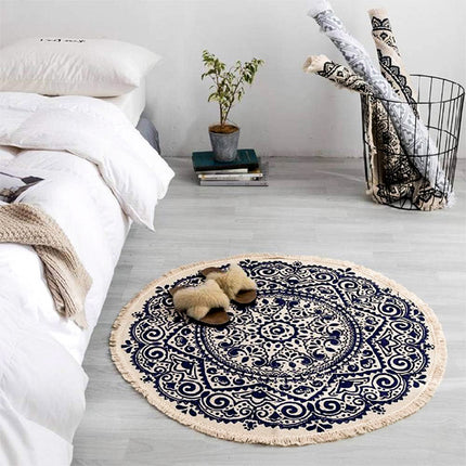 Round Carpet Cotton Linen Floor Mat Printed Anti Slip Rug Fringe Blanket Living