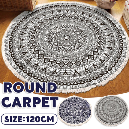 Round Carpet Cotton Linen Floor Mat Printed Anti Slip Rug Fringe Blanket Living