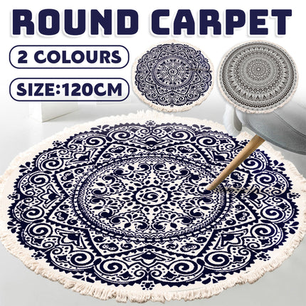 Round Carpet Cotton Linen Floor Mat Printed Anti Slip Rug Fringe Blanket Living