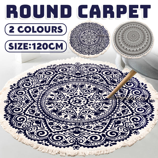 Round Carpet Cotton Linen Floor Mat Printed Anti Slip Rug Fringe Blanket Living