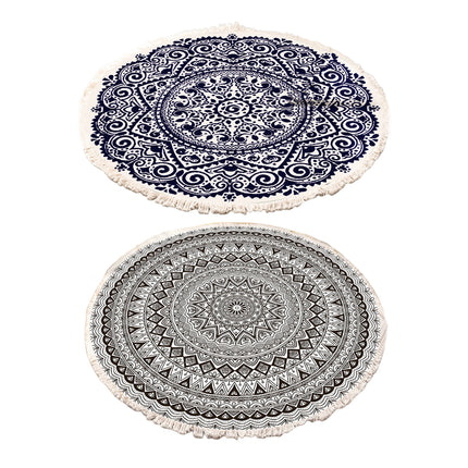 Round Carpet Cotton Linen Floor Mat Printed Anti Slip Rug Fringe Blanket Living