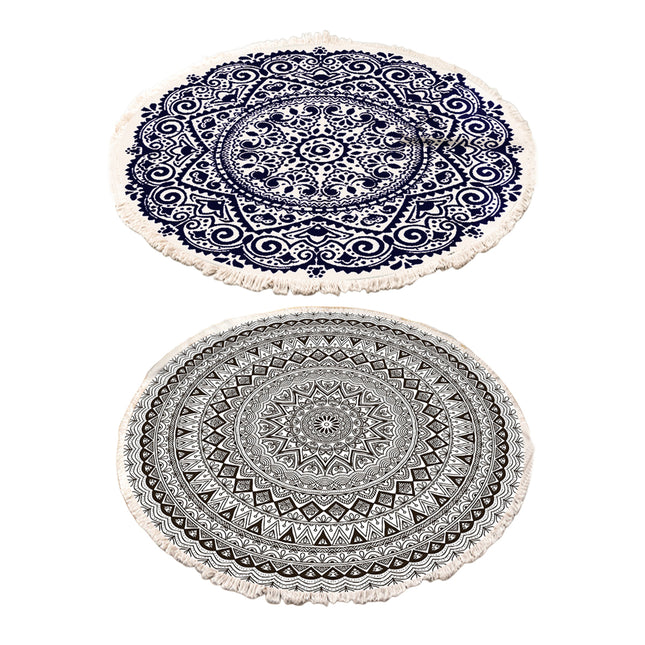 Round Carpet Cotton Linen Floor Mat Printed Anti Slip Rug Fringe Blanket Living