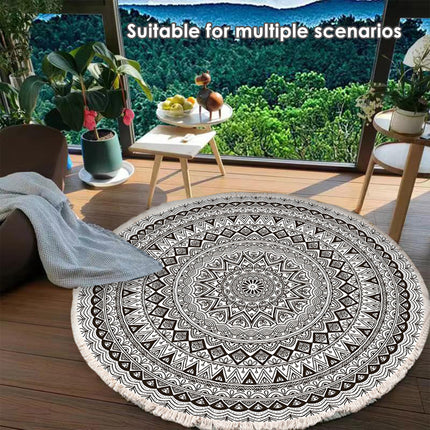 Round Carpet Cotton Linen Floor Mat Printed Anti Slip Rug Fringe Blanket Living