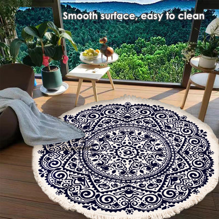 Round Carpet Cotton Linen Floor Mat Printed Anti Slip Rug Fringe Blanket Living