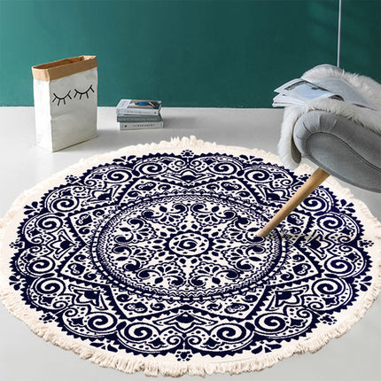 Round Carpet Cotton Linen Floor Mat Printed Anti Slip Rug Fringe Blanket Living
