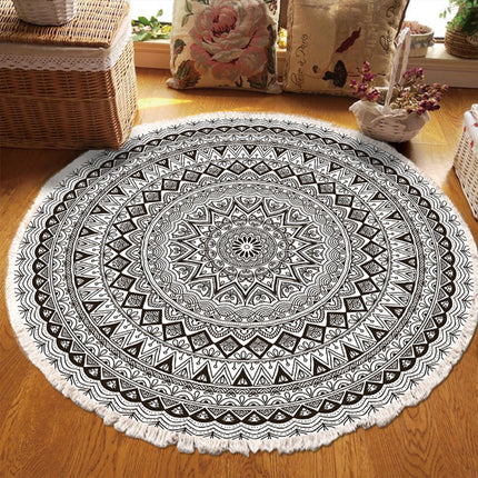 Round Carpet Cotton Linen Floor Mat Printed Anti Slip Rug Fringe Blanket Living