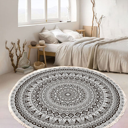 Round Carpet Cotton Linen Floor Mat Printed Anti Slip Rug Fringe Blanket Living