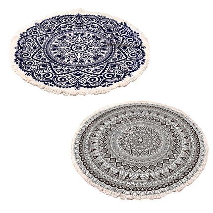 Round Carpet Cotton Linen Floor Mat Printed Anti Slip Rug Fringe Blanket Living