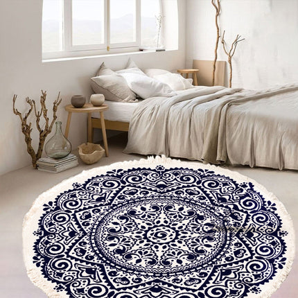 Round Carpet Cotton Linen Floor Mat Printed Anti Slip Rug Fringe Blanket Living