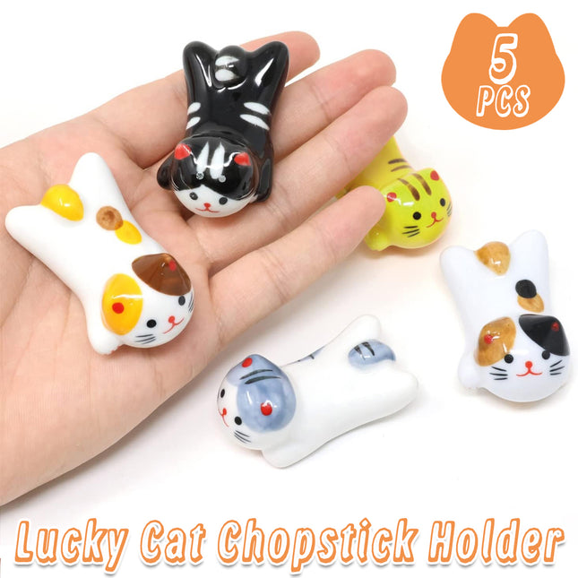 5PCS Cute Kitten Ceramic Chopstick Holder Set Cat Chopsticks Rack Pen Rest Craft