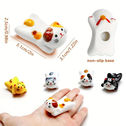 5PCS Cute Kitten Ceramic Chopstick Holder Set Cat Chopsticks Rack Pen Rest Craft