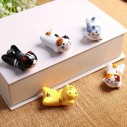 5PCS Cute Kitten Ceramic Chopstick Holder Set Cat Chopsticks Rack Pen Rest Craft