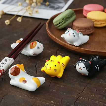 5PCS Cute Kitten Ceramic Chopstick Holder Set Cat Chopsticks Rack Pen Rest Craft