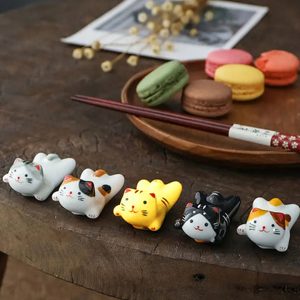 5PCS Cute Kitten Ceramic Chopstick Holder Set Cat Chopsticks Rack Pen Rest Craft