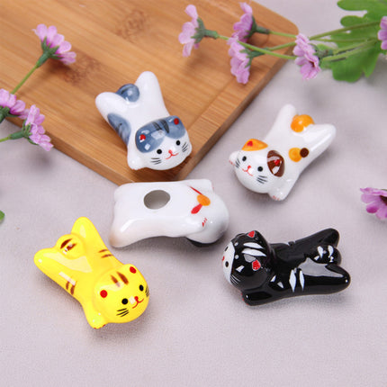 5PCS Cute Kitten Ceramic Chopstick Holder Set Cat Chopsticks Rack Pen Rest Craft