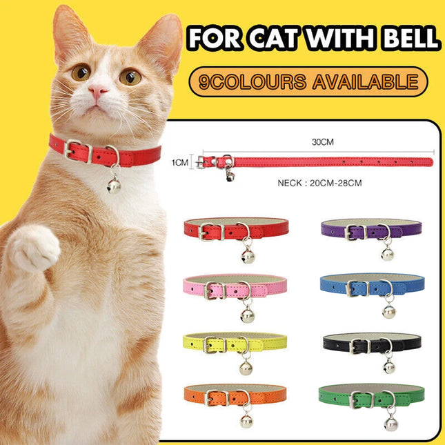 Adjustable PU Leather Cat Collar with Bell Breakaway Buckle 9 Colours