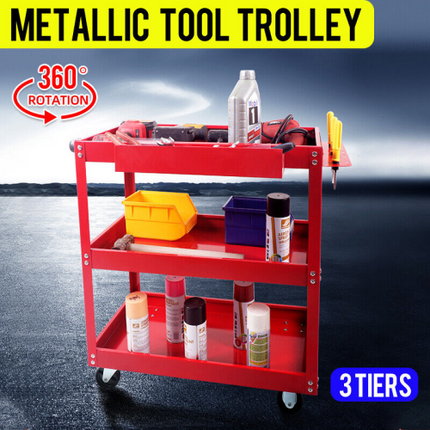 Tool Trolley 3 Tiers Workshop Cart Rolling Steel Part Storage Handyman 150Kg Red