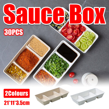 30PCS Disposable Pulp Three-Compartment Dip Box for Sushi BBQ Sauce Condiment