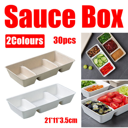 30PCS Disposable Pulp Three-Compartment Dip Box for Sushi BBQ Sauce Condiment