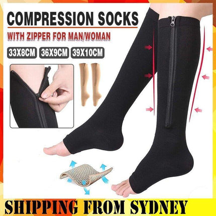 Zip Sox Compression Socks Zipper Leg Support Knee Open Toe Shaper Stockings Beige - Aimall