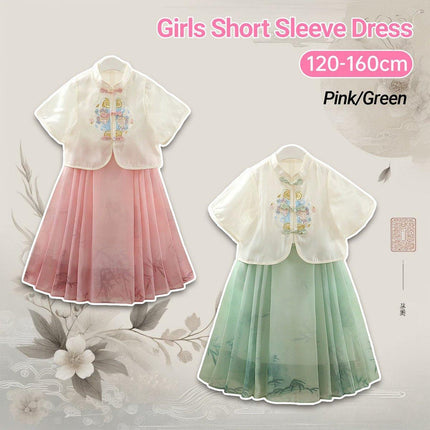 Girls Short Sleeve Dress Chinese Style Skirt Traditional Summer Outfit