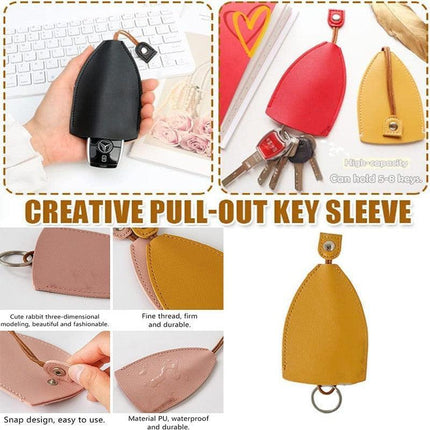 Leather Key Pouch with Pull Strap Case Holder Bag Ring Organizer House Car Keys - Aimall