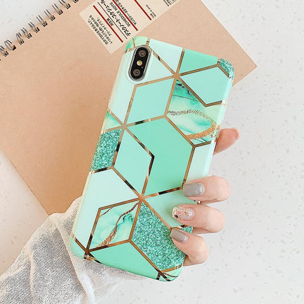 Green Geometric Marble Case for iPhone 13 12 11 Pro Max XR XS 8 Shockproof Cover Silicone - Aimall