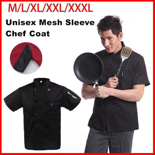 Black Unisex Mesh Sleeve Chef Coat Jacket Restaurant Hotel Cook Short Uniform - Aimall