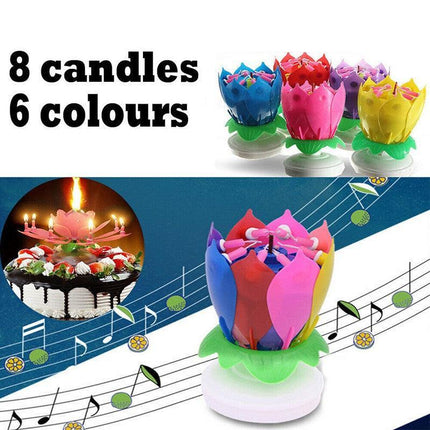 2x Blossom Lotus Birthday Cake Candle Flower Rotating Musical Party Double Deck - Aimall
