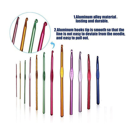 12 Size Multi Coloured Aluminium Crochet Hooks Yarn Knitting Needles 2-8mm Set - Aimall