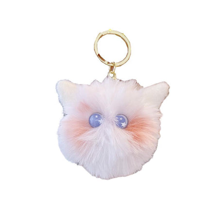 Plush Kitten Head Cartoon Keychain Rabbit Hair Pompom Keyring Bag Ornaments Gift - Aimall