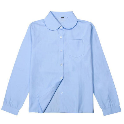 SKY BLUE Girls Peter Pan Collar Long Sleeve School Shirt with two button Adjustable Cuff - Aimall