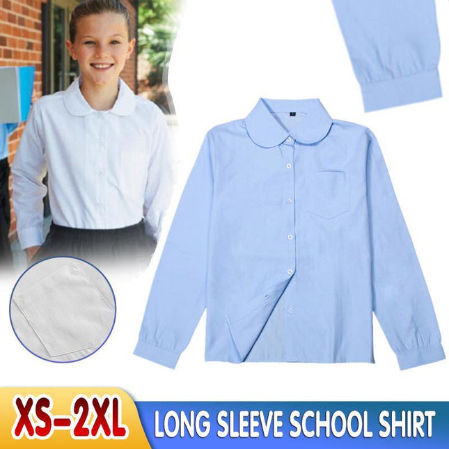 SKY BLUE Girls Peter Pan Collar Long Sleeve School Shirt with two button Adjustable Cuff - Aimall