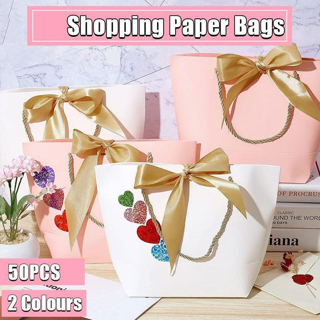 50 PCS Goodie Tote Bow Tie Shopping Paper Sacks Resuable Paper Clothing Bag 14*7*15cm - Aimall