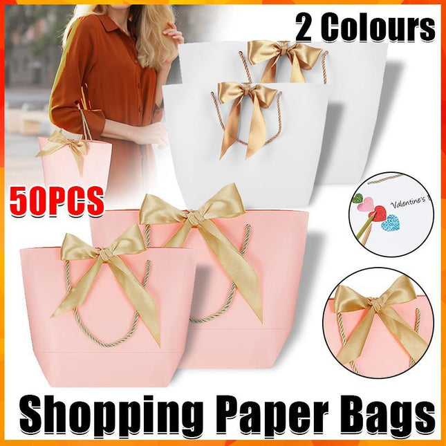 50 PCS Goodie Tote Bow Tie Shopping Paper Sacks Resuable Paper Clothing Bag 19*9*20cm - Aimall