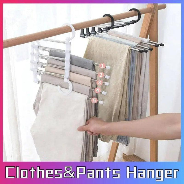 5 in 1 Stainless-Steel Pants Rack Hanger Wardrobe Shelves Magic Multi-Functional Black - Aimall