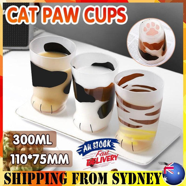 Pair 3 Cat Paw Frosted Calico Cups Glass Milk Cute Gift Tumbler Claw Foot Cute - Aimall