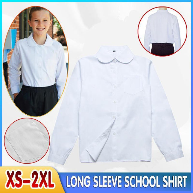 White Girls Peter Pan Collar Long Sleeve School Shirt with two button Adjustable Cuff - Aimall