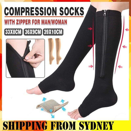 Zip Sox Compression Socks Zipper Leg Support Knee Open Toe Shaper Stockings Black - Aimall