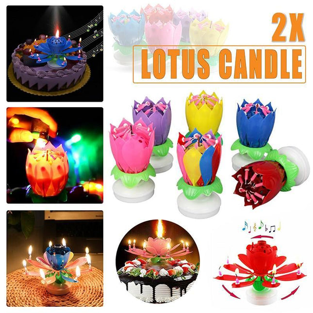 2x Blossom Lotus Birthday Cake Candle Flower Rotating Musical Party Double Deck - Aimall