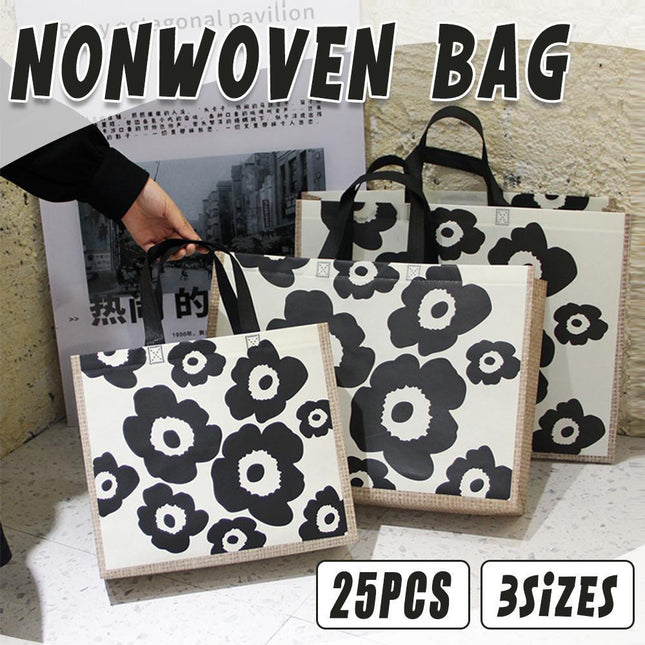 25x Fashion Non Woven Tote Bags Reusable Shopping Bags Clothing Store Black Flowers
