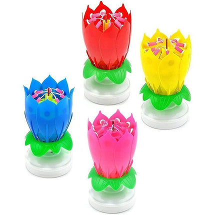 2x Blossom Lotus Birthday Cake Candle Flower Rotating Musical Party Double Deck - Aimall
