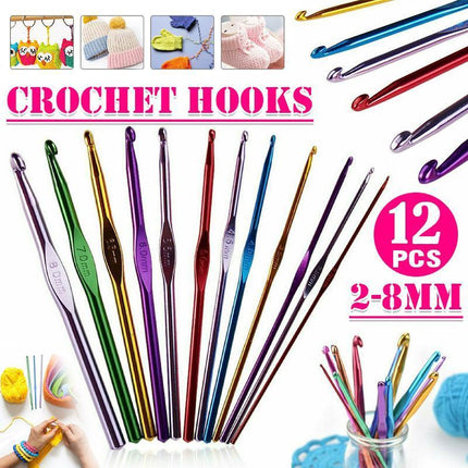12 Size Multi Coloured Aluminium Crochet Hooks Yarn Knitting Needles 2-8mm Set - Aimall