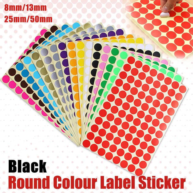 8/13/25/50mm Colour Sticker Dots Adhesive Round Labels Circular Scrapbooking Black - Aimall