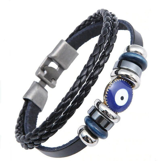 Evil Eye Greek Mati Turkish Nazar Weaved Leather Bracelet Cuff Jewelry - Aimall