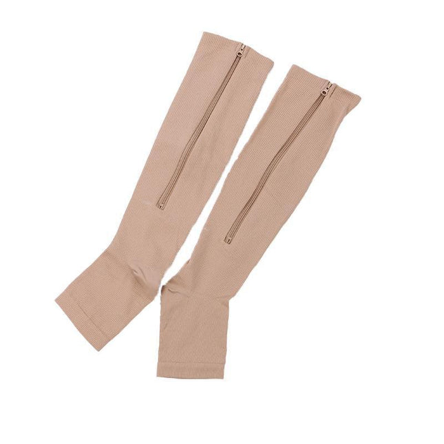 Zip Sox Compression Socks Zipper Leg Support Knee Open Toe Shaper Stockings Beige - Aimall