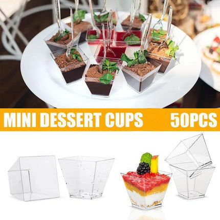 Array of Plastic Dessert Cups filled with colorful desserts.