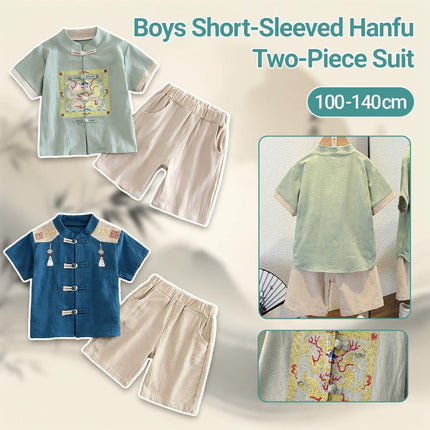 Boys Short Sleeve Suit Chinese Style Hanfu Cotton Linen Thin Two-Piece Set